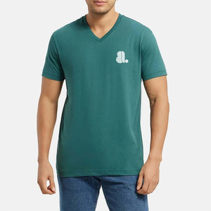 เสื้อยืดคอวีสำหรับผู้ชายเสื้อแขนสั้นผ้าคอตตอน100% คอวีสีพื้น - Product Image 1