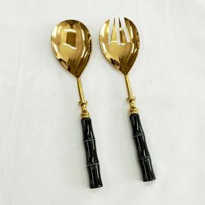Nouveaux serveurs à salade décoratifs en métal plaqué or, poignée en céramique polie noire, incluant un ensemble de cuillères et fourchettes à salade - Product Image 1