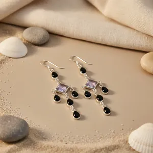 Boucles d'oreilles pendantes en argent 925 avec cristal taille princesse et onyx noir, design géométrique, pour femme, bijoux de soirée - Product Image 2