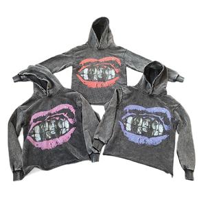 High Quality Oversized Heavy Weight Cropped Drop Shoulder Box <b>Hoodie</b> Print Cut Edge Custom Raw Hem <b>Hoodie</b> for Men - Product Image 3