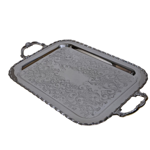 Bandeja de Servicio de Calidad Estándar, Ecológica, con Acabado Brillante, Asas Hechas a Mano, Decorativa, de Metal, Latón, Niquelada, Martillada, para Aperitivos - Product Image 3