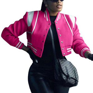 Chaquetas de Béisbol Cortas de Punto con Bordado Estilo Universitario Rosa Intenso para Mujer, Dos Tonos, Moda Urbana, Tendencia - Product Image 1