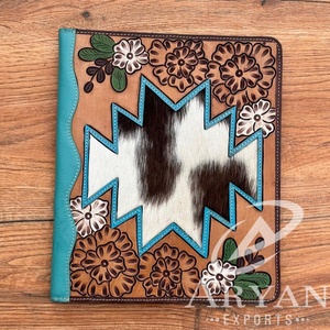 Los más vendidos hechos a mano Western Floral cuero genuino mecanizado y cuero de vaca planificador pelo en patrón de estrella Cartera de cuero genuino