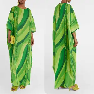 New Soft Cotton Lime Green Color Crew Neck Kaftan With Cropped Dolman Sleeves Cut Style Stitch Long Top