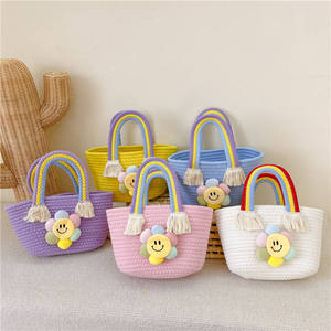 Children's Cotton Rope Woven Breathable Ultra-Light Handbag Shoulder Bag for Women Toddler Gift Sunflower Cartoon Rainbow Design - Product Image 1