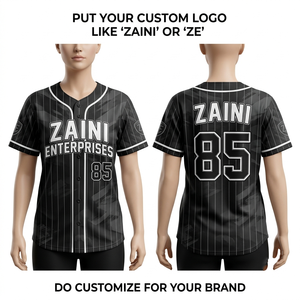 Maillot de baseball en polyester interlock premium 180 GSM noir et gris à fines rayures, logo personnalisé par sublimation, uniforme d'équipe, antibactérien - Product Image 1
