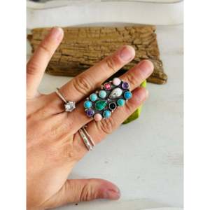 Navajo Handmade <b>Adjustable</b> Sterling Silver Cluster <b>Ring</b> with Multi-Stone Bezel Setting Statement <b>Ring</b> for Everyday Wear - Product Image 2