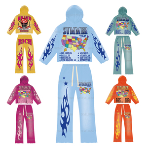 Streetwear surdimensionné surdimensionné surdimensionné survêtement ensembles pour hommes 100% coton brut ourlet coupe sweats à capuche Flare pantalons de survêtement pour le printemps - Product Image 5