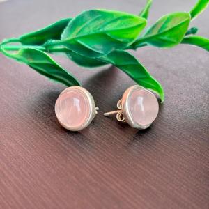 Handmade <b>Sterling</b> <b>Silver</b> <b>Stud</b> <b>Earrings</b> with Natural Rose Quartz Gemstones Round Cabochon Design - Product Image 1
