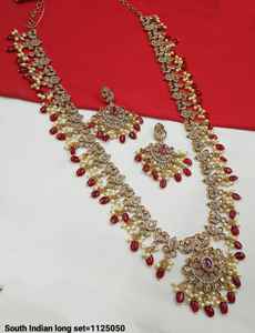 Wedding Latest South Indian Collection Kundan,Pearl Drop Antique Gold Plated Peacock Long <b>Jewellery</b> Set With Earring For Women - Product Image 3