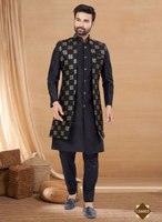 Chemise décontractée pour homme en soie/coton brodé à motif géométrique, col rond, coupe classique, anti-plis, anti-boulochage, style indo-occidental, écologique