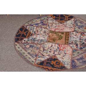 Vintage 3.4ft X 3.4ft Beige y azul de lana Patchwork alfombra turca tejido plano con respaldo de látex para decoraciones de sala de estar - Product Image 5