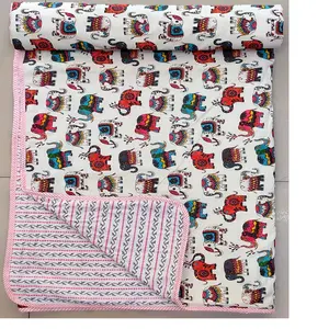Custom made new reversible quilts for kids, bed covers in various designs in multi colours in 90 x 108 inch in elephant print