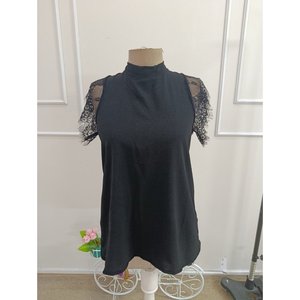 Women'<b>s</b> Short-Sleeved Aerobin <b>Blouse</b> with Lace Sleeve Detail <b>and</b> Ribbon Tie Neckline, 37074 - Black - Product Image 5