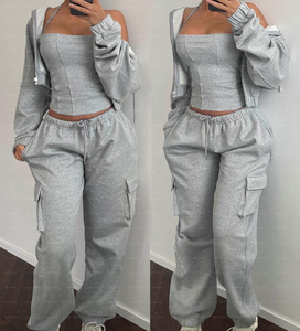 Conjunto de 3 piezas de Pantalón cargo personalizado de algodón de felpa francesa con cremallera lavado ácido en blanco Sudadera con capucha desgastada chándal apilados para mujer - Product Image 5