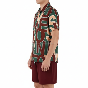 ชุดเซ็ตเสื้อผ้าผู้ชายพิมพ์ลายตามสั่ง OEM - ลายตัวอักษรแบบนามธรรมสีเขียวและสีแดงเลือดหมู ชุดฤดูร้อน 2 ชิ้น - Product Image 6