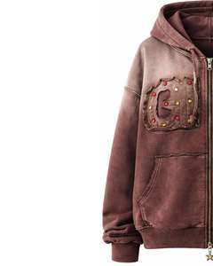 Manufacturer Washed <b>Maroon</b> Zip Up <b>Hoodie</b> Women Distressed Patchwork Studded Design Streetwear Hooded Jacket Cotton Fleece Custom - Product Image 3