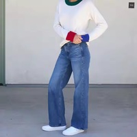 Vaqueros de mezclilla de algodón azules para mujer, de corte bootcut vintage, sueltos, informales, de cintura media, pierna regular, tejidos, con relieve, lavados, elásticos y con cremalleras.