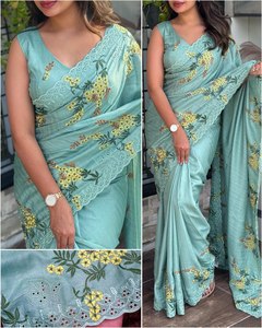 Simple pero elegante Tusser tela de seda de algodón corte elegante borde Floral impreso 5,5 MTR longitud larga Sari de moda con pieza de blusa - Product Image 2