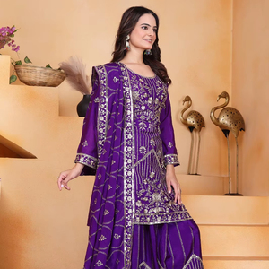 Costume Sharara bleu en soie Chinon doux avec travail fantaisie ethnique pour fête exclusive mariage Diwali Festival porter les femmes les plus vendues - Product Image 1