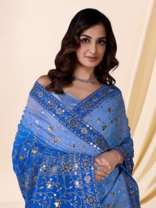 Trendmalls non cousu bleu ciel Georgette Saree décontracté mariage séquence broderie chemisier pièce (K963) indien/pakistanais femmes - Product Image 5