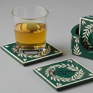 ชุดถาดรองแก้วแบบฝังกระดูกสีขาวและเข้มทำด้วยมือพร้อมที่วางแก้วเครื่องดื่มลายดอกไม้ผู้จำหน่ายในอินเดีย - Product Image 3