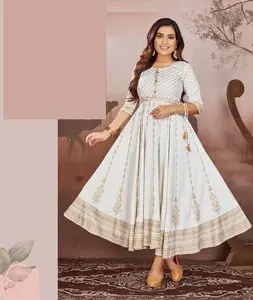 Fancy Ethnic Wear Pure Rayon Fabric Anarkali Gowns Style Foil Print Kurtis with Plus Size Available for Indian Pakistani Women