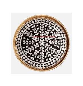 Bandeja para servir de ratán Natural hecha a mano con incrustaciones de concha de nácar, bandeja redonda ecológica para café, té y frutas para decoración del hogar - Product Image 5