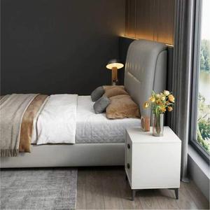 Cadre de lit king-size avec tête de lit mince et peu encombrante, en cuir Nappa crème, lit plateforme à profil bas pour petits espaces - Product Image 2