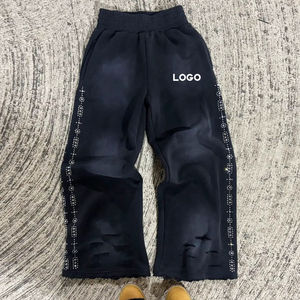Pantalones de chándal de pierna recta lavados desgastados gruesos con adornos de diamantes de imitación personalizados OEM ODM, pantalones de chándal teñidos lisos - Product Image 5
