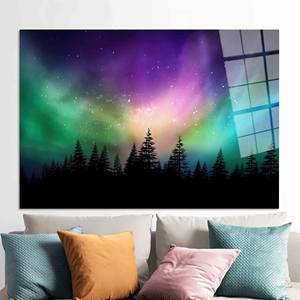 Lienzo Impreso con Silueta de Bosque y Aurora Boreal: Arte de Pared con Cielo Estrellado, Arte en Vidrio Templado - Product Image 1