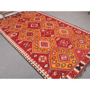 Alfombra Turca Vintage, Alfombra Kilim de 6x10.6 pies, Alfombra de Lana a Rayas Roja y Naranja - Product Image 1