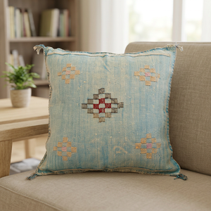 Housse de coussin carrée CACTUS brodée géométrique bohème, en coton fait main, couleur et taille personnalisables, décoration d'intérieur, bleu - Product Image 1