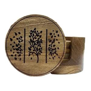 Dessous de verre en bois d'acacia gravé au laser au design moderne Tapis de table rond pour usage domestique Porte-gobelets et tapis isolant et coussin pour boissons - Product Image 3