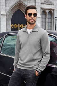 MOQ 50 Sudadera de media cremallera para hombre Sudadera de polo informal de manga larga con cremallera de cuarto para hombre Suéteres de cuello simulado ajustados con bolsillo - Product Image 2