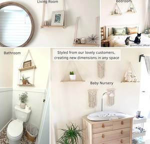 Hanging Shelves for <b>Wall</b> [Set of 2 W/ Hooks] <b>Wooden</b> Macrame Rope Shelf Natural <b>Light</b> Reclaimed Wood Triangle Floating - Product Image 2