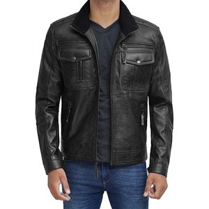 Veste de motard en cuir de mouton authentique pour hommes en cuir véritable avec poches zippées Logo avant de la saison d'hiver - Product Image 5