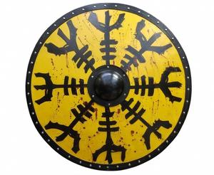 Escudo Vikingo de Madera Hecho a Mano - Aegishjalmur (Elm of Awe) Diseño de Runas Nórdicas Pintado, Escudo Redondo de Guerrero, Decoración y Accesorio de Cosplay - Product Image 1