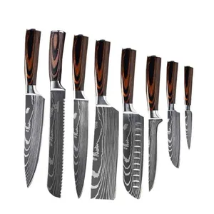 Venta al por mayor OEM hecho a mano Damasco acero 8 piezas Chef cuchillo cocina cuchillo conjunto con hueso de camello y mango de madera con bolsa de cuero