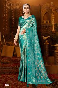 Sari en tissu moderne pour femme avec bordure en jacquard et pallu doré brillant pour la collection de fêtes - Product Image 3