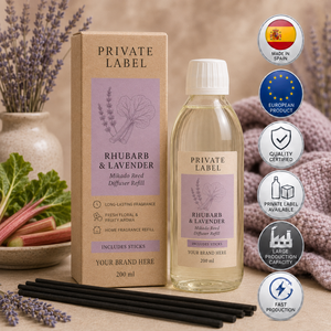 Private Label Rhubarb & Lavender <b>Reed</b> <b>Diffuser</b> Refill 200ml OEM | Mikado Refill with Sticks | Spain EU - Product Image 1