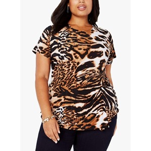 T-shirt en tricot à imprimé tigre pour femmes, écologique, 100% coton, col rond, haut décontracté, vente en gros, prêt à être expédié - Product Image 1