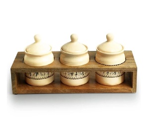 Art Of Warli Multi-Purpose Ceramic Pickle & <b>Chutney</b> <b>Jar</b> Set With Wooden Holder Non Air-Tight Set Of 3 Ceramic Condiment Pot - Product Image 1