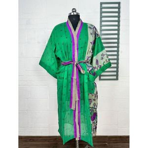 Vintage <b>Kimono</b> Open Jacket Recycled Pure Cotton Boho Summer Tie-Dye House Robe Green <b>Purple</b> Floral Style Swimsuit Cover Ups - Product Image 1