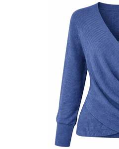Customized <b>Women</b> Blue Wrap Style Knit Sweater Long Sleeve V Neck Soft Casual Winter Top Elegant Ladies Fashion Pullover - Product Image 2