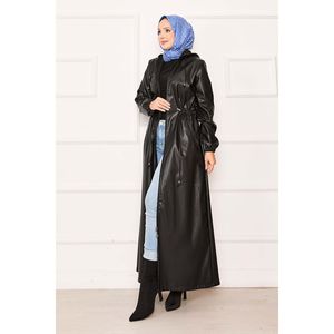 Chaqueta de Cuero Genuino Negra Formal con Capucha, Cintura Ajustable, Cierre de Cremallera, Forro de Seda, Impermeable, Casual de Invierno, con Botones Estampados - Product Image 5