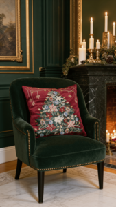 Christmas Embroidered Velvet <b>Throw</b> Pillow Square <b>Red</b> Traditional Decorative Zipper Closure Customizable 100% Polyester Filling - Product Image 3