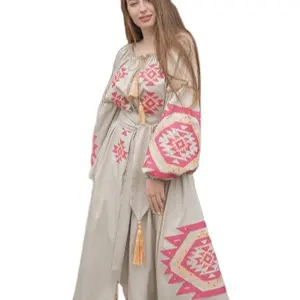В этническом стиле с вышивкой; Длинные воздушные шары, без рукавов, длина до пола, для украинской вышитое платье для женщин