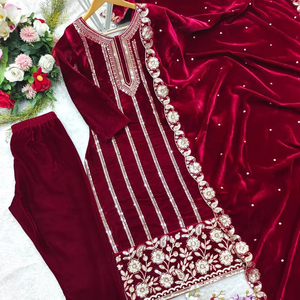 Conjunto de Top y Dupatta de Terciopelo Completamente Cosido por Diseñadores, Nueva Tendencia, Listo para Usar, Reversible, Sin Arrugas, para Todas las Estaciones, Ideal para Fiestas, Estilo Indio - Product Image 1