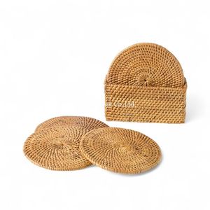 Traditional Vietnamese Bohemian Natural Rattan <b>Coaster</b> Set with Storage Tray Handmade for Home <b>Table</b> Use - Product Image 1
